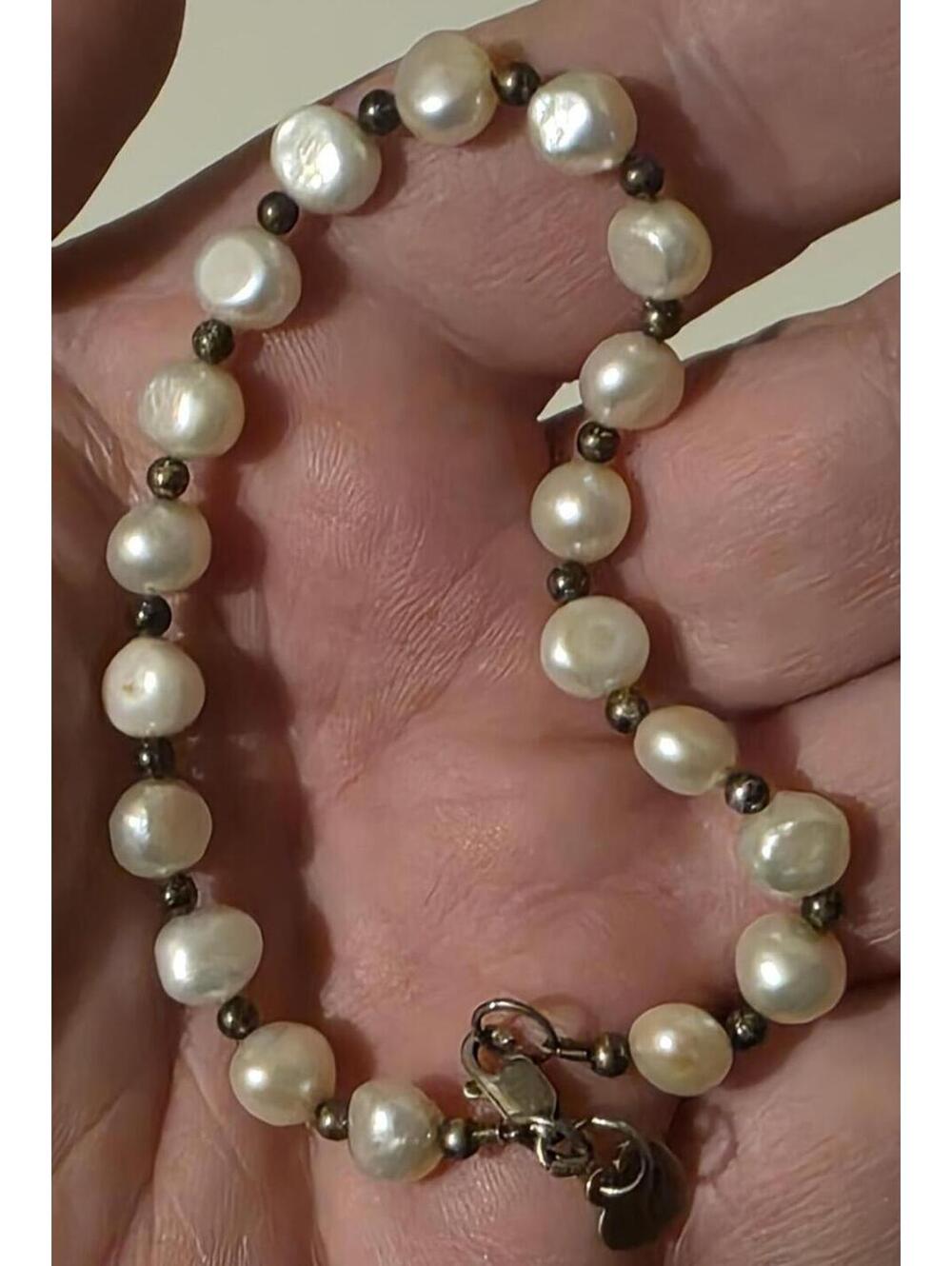 Vintage Genuine Pearl and 925 Sterling Silver Bead Bracelet with Heart Charm